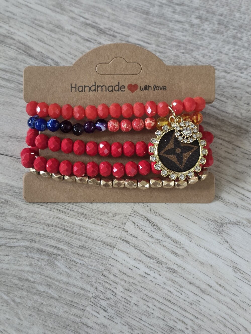 Designer Inspired Charm 5 Lot Bundle Stretch Bracelets Red & Gold